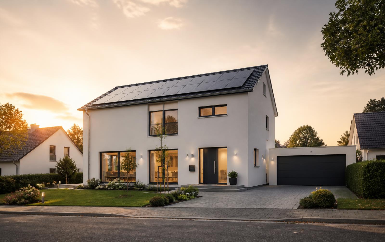 Modernes Einfamilienhaus mit hochwertiger Fassade, großen Fenstern und Photovoltaikanlage auf dem Dach