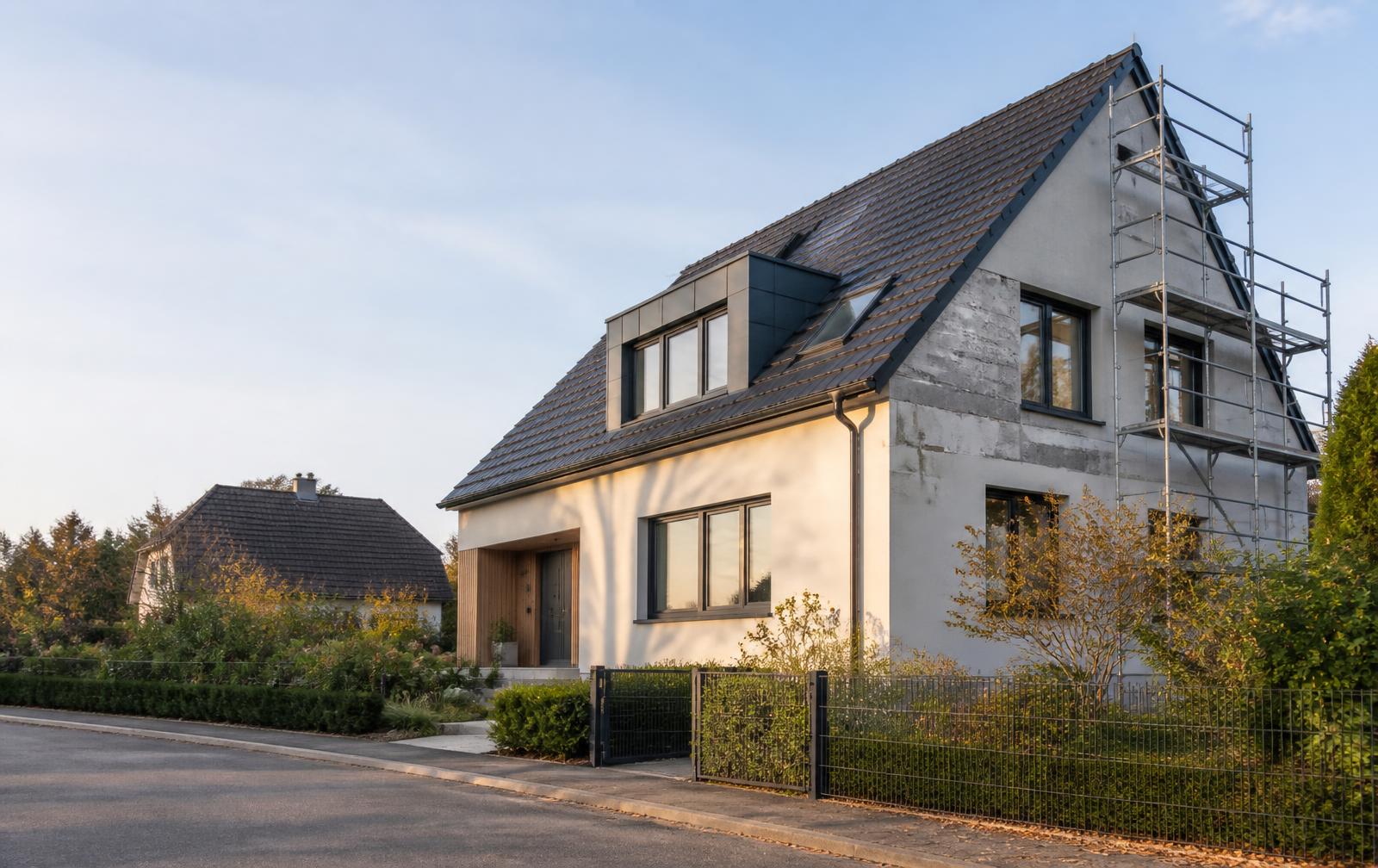 Wohnhaus im Bestand während einer energetischen Modernisierung mit neuer Fassade und neuen Fenstern